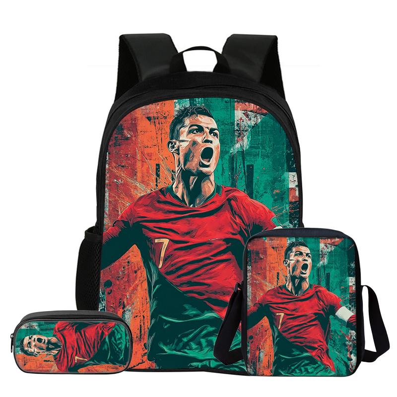 Set de 3 Piezas para Niños Mochila Estrella de Fútbol Estudiante Bolso de Hombro Escolar Bolsas para Lápices Ronaldo Mochila Escolar CR Mochila Mejor Regalo