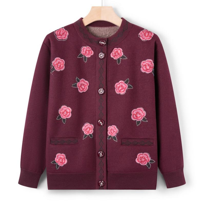 Middle-aged mother's autumn new velvet thickened knitted sweater grandma's cardigan printed top casual jacket