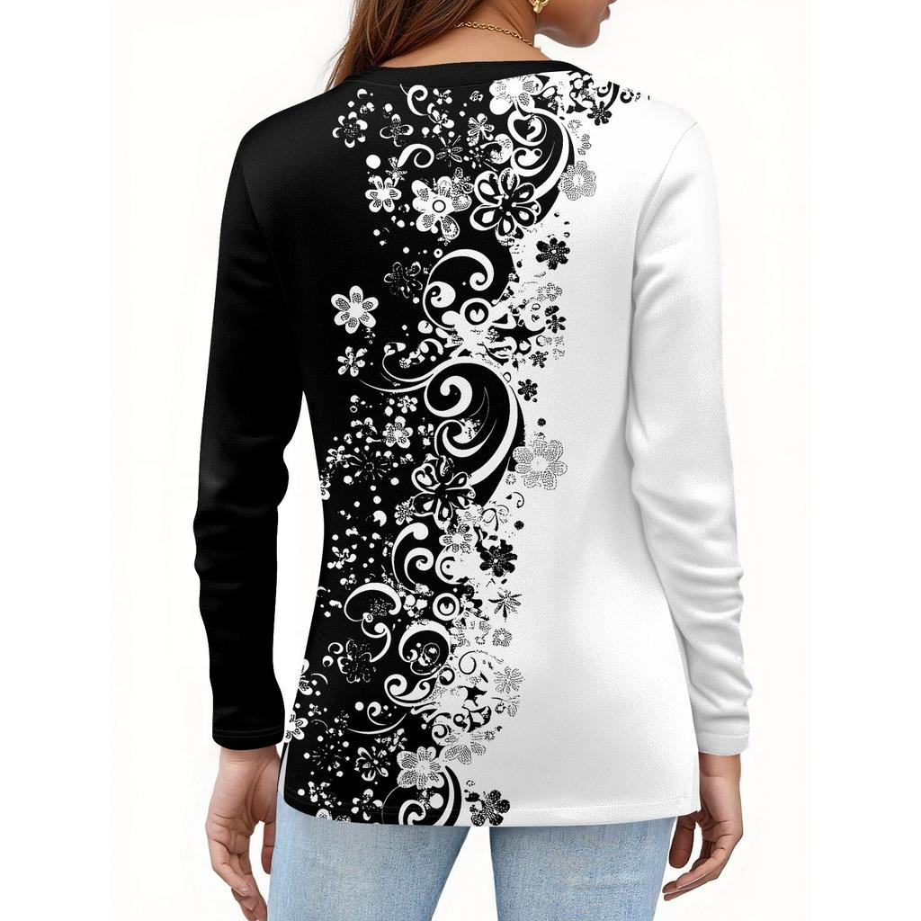 Dames casual T-shirt met split aan de zoom, ronde hals, lange mouwen en losse print.