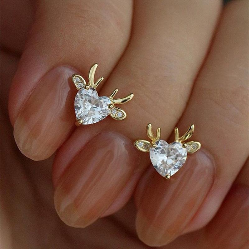 European And American Exquisite Antlers Love Stud Earrings Inlaid With Zircon Cute Lady Jewelry, Christmas And Holiday Models