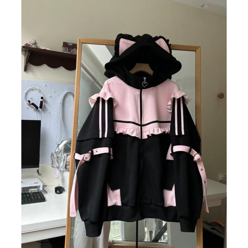 Women Japanese Sweet Coats Y2K Clothing Hoodie Tops Autumn Spring Color Match Splicing with Thick Velvet Cardigan Jackets