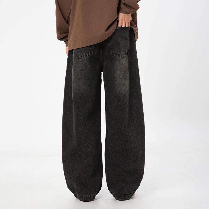 Washed Distressed Split Design Curved Knife Jeans for Men In Autumn and Winter, High Street Retro Loose Straight Leg Casual Pants