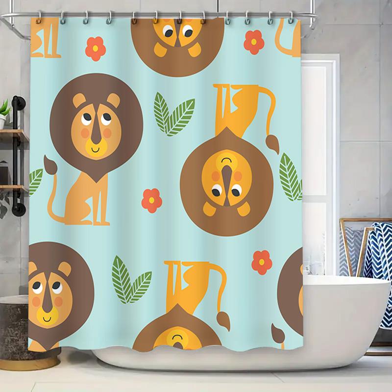 

Animal Print Shower Curtain Kids Bathroom Decor Blue With Cartoon Lions And Leaves W60H190(CM)-1 Pcs