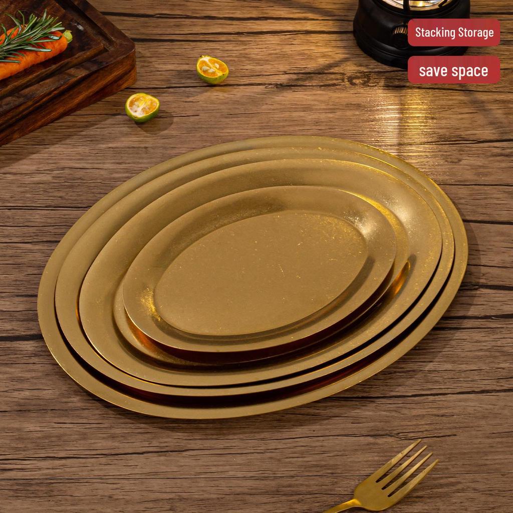 Retro Japanese Egg-Shaped 304 Stainless Steel Tableware Plate - Distressed Oval BBQ Cafe Tray