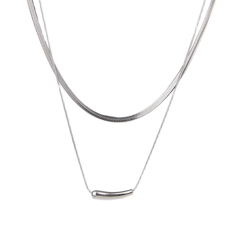 Silver Eggplant Double-Layer Stackable Necklace - Women's Trending Clavicle and Sweater Chain with Snake Bone Design.