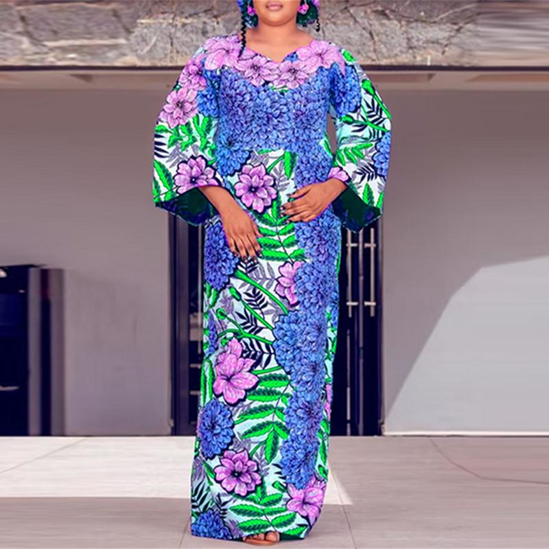 

VONDA Women Plus Size Round Neck Printed Long Sleeve Dresses 5XL синій