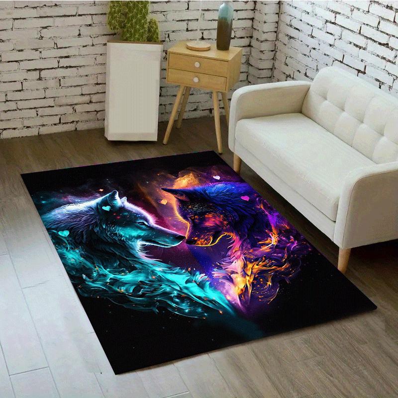 2D Flat Cosmic Aurora Two Wolves Mystical Flannel Area Rug Non Slip Spirit Animal Art Carpet For Living Room Bedroom Floor Decor
