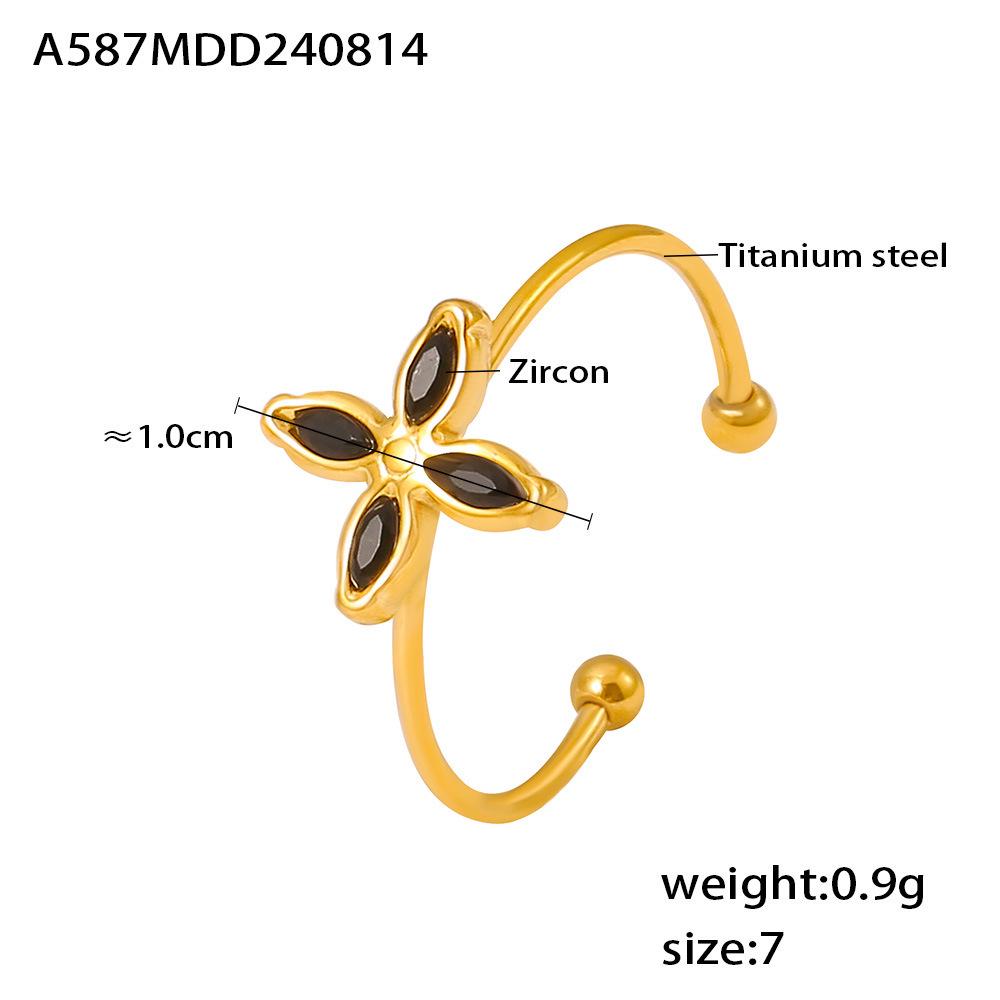 Four-Leaf Clover Zirconia Pendant  Open Ring Set: 18K Gold Plated Titanium Steel Necklace for Women