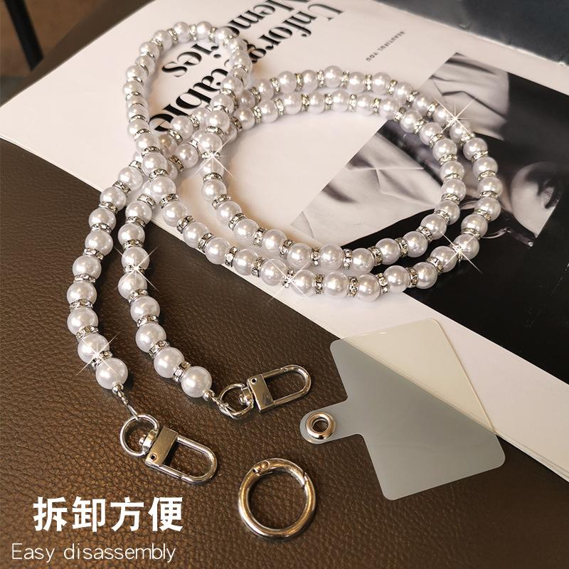 Mobile Phone Lanyard, Crossbody, Pearl Bead Chain, Light Luxury, Rhinestone Pendant, Women's Style, Handmade Bead String