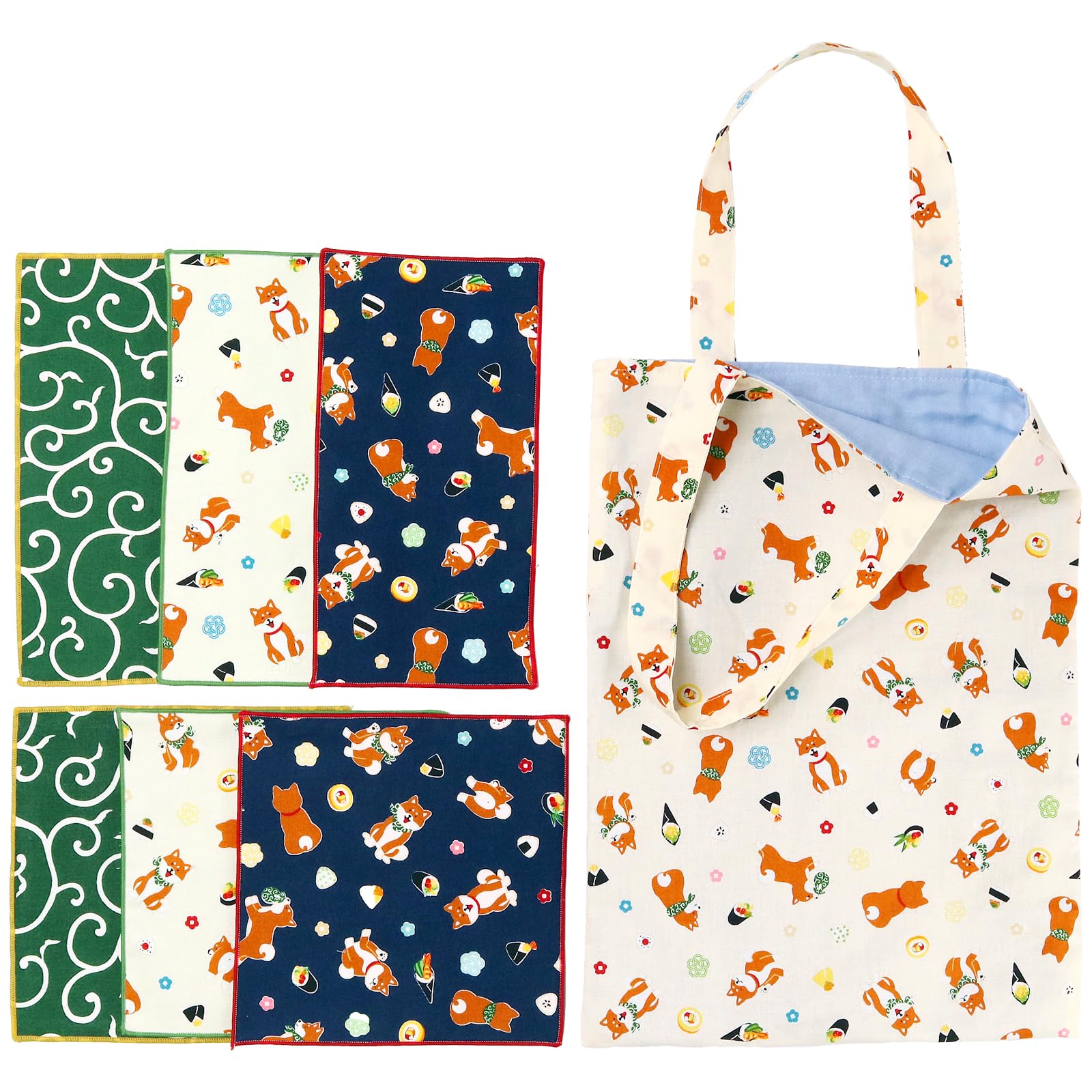 

[cluster] Kids Handkerchief Set of 6 with Bonus Tote Bag, Made in Japan, 100% Cotton Gauze Handkerchiefs / Omusubi Shiba Inu Ivory Set