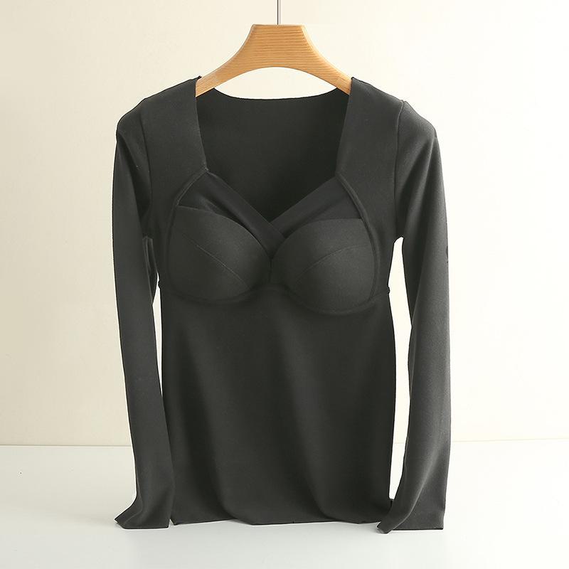 3901 Long-Sleeve Women's Warm V-Neck Tulle Top with One-Piece Cup