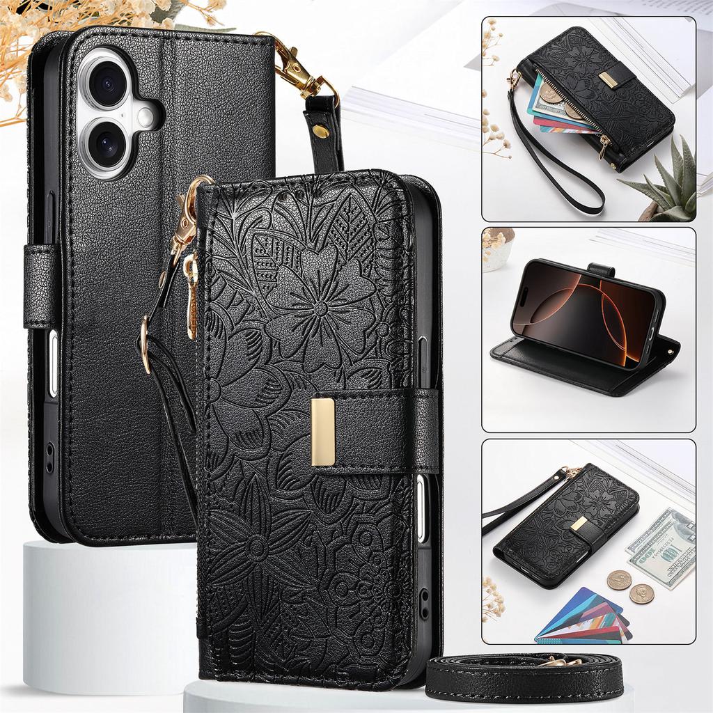 Crossbody Zipper Cards Solt Wallet Leather Embossed Flower Case For iPhone 16 Pro Max 15 Plus 14 13 12 Long Lanyard Book Cover