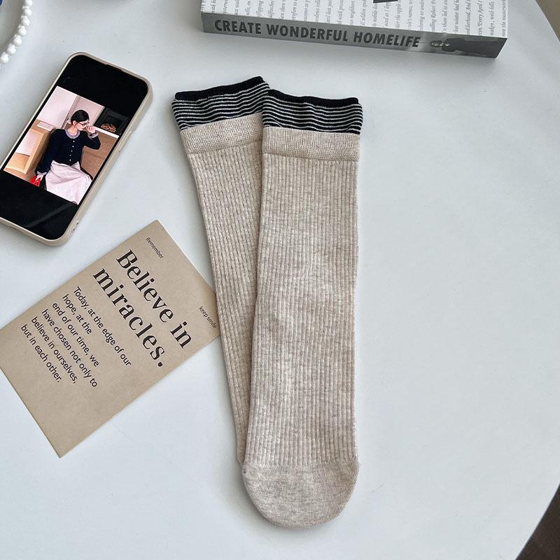 Women's Korean-Style Ribbed Vertical Stripe Contrast Puffy Socks - Versatile Cotton Patchwork