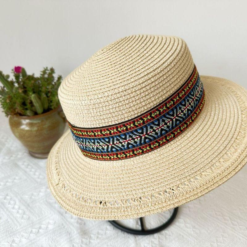 Spring and Summer Hat Ethnic Style Hat Summer Hat Republic of China Style Retro Internet Celebrity Flat Top Weaving Retro Summer Hollow