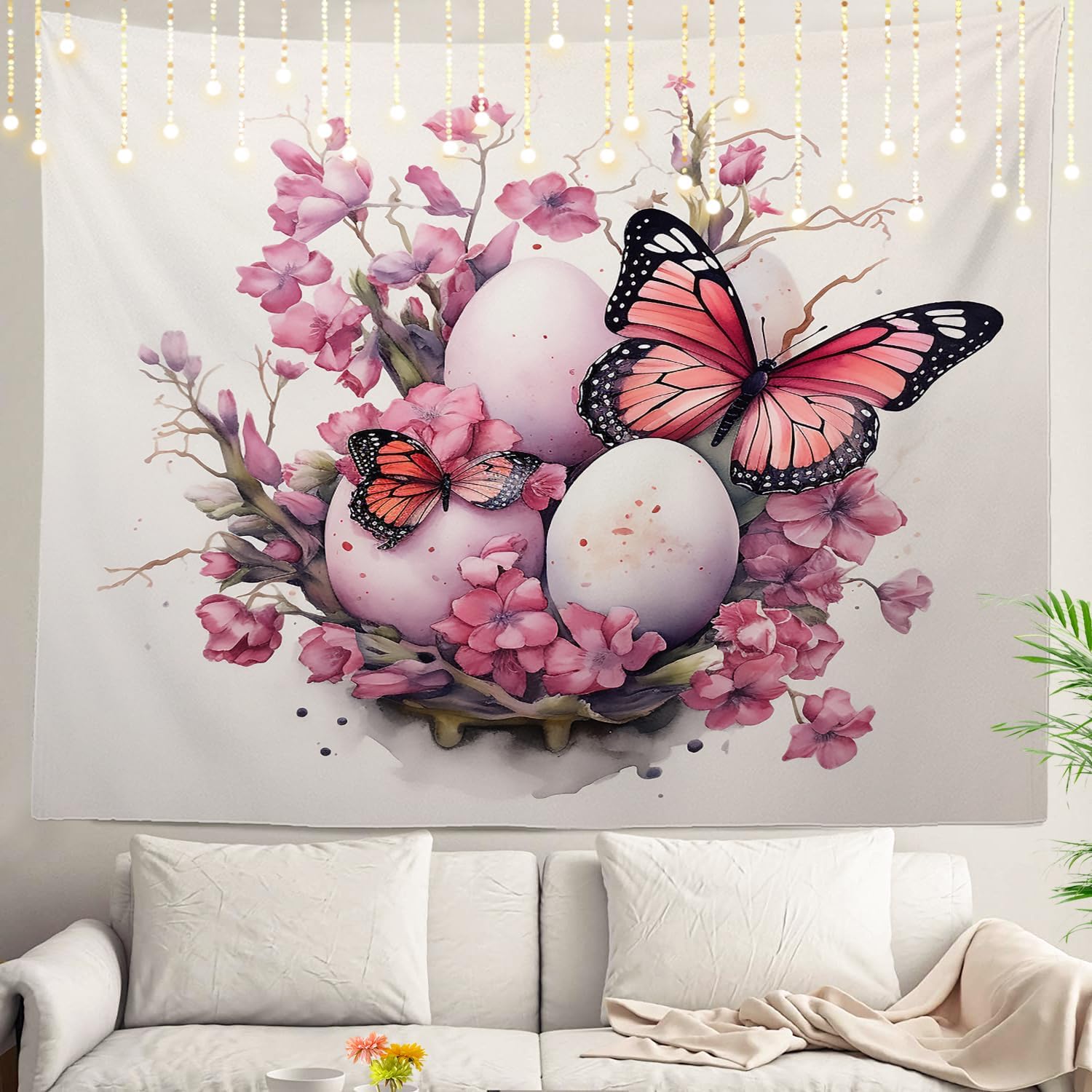

Easter Egg Butterfly Tapestry Watercolor Spring Floral Wall Art Pastel Eggs and Pink Butterflies Decor for Bedroom Dorm 74x94cm(29x37in)