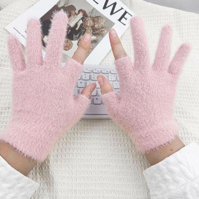 Mink Fleece Half Finger Gloves for Women Soft Winter Warmth Solid Color Plush Thermal Fingerless Gloves for Cycling Running