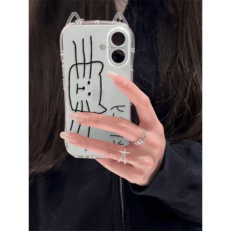 Cute Line Kitty Pattern Phone Case For iPhone 17 16 15 14 13 12 11 Pro Max XR XS MAX 7 8 PLUS Y2K Cat Ears 3D Transparent Cover