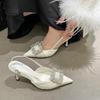 2025 spring and summer new temperament beautiful high heels pointed rear empty high heels sandals square buckle rhinestone women's one-word buckle bel