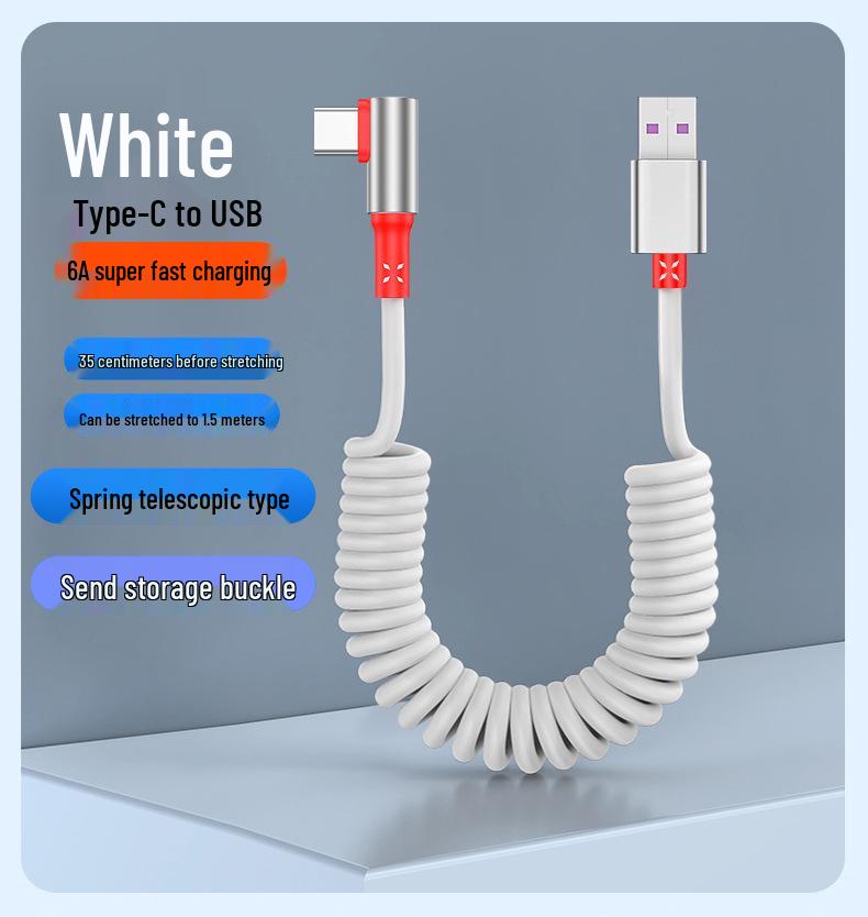 Câble USB Rétractable à Ressort Double Coude 6A Charge Rapide pour Téléphones & Voitures