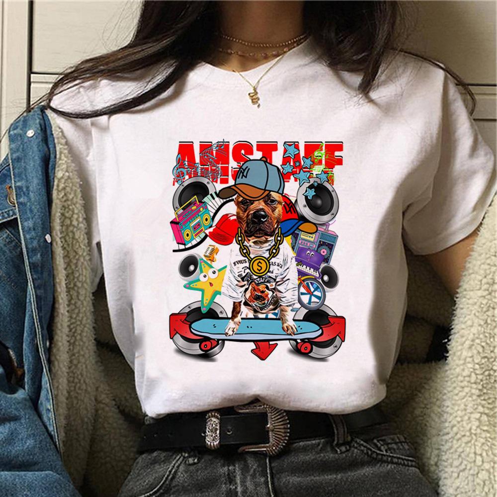 Women Dog Print Crew Neck Casual Tshirt FeUnisex Streetwear Harajuku Graphic T Shirts S