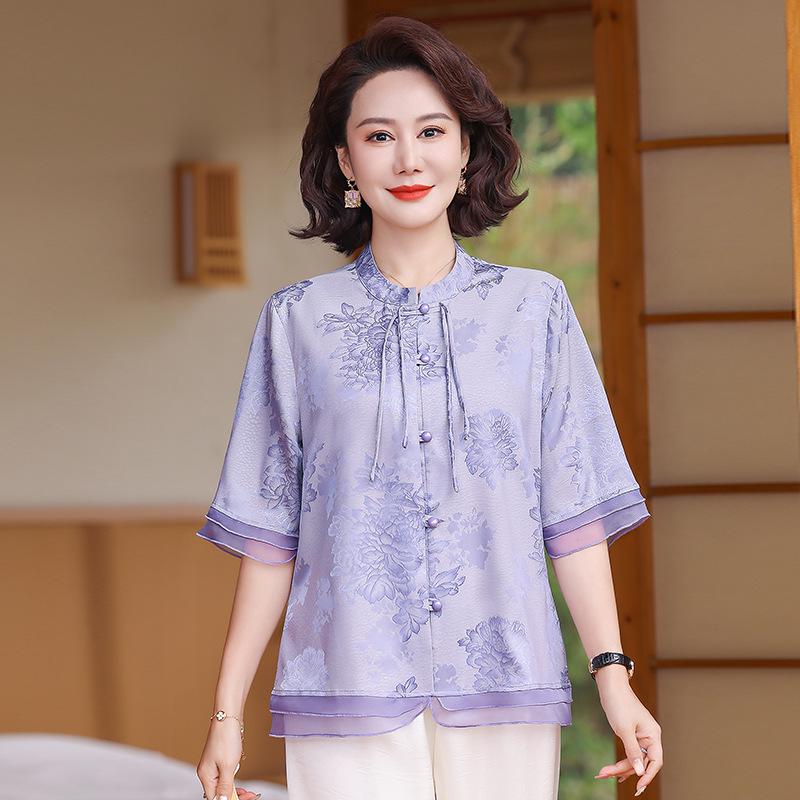 Elegant 2026 Summer Print Top for Middle-Aged & Elderly Women - Chinese Style