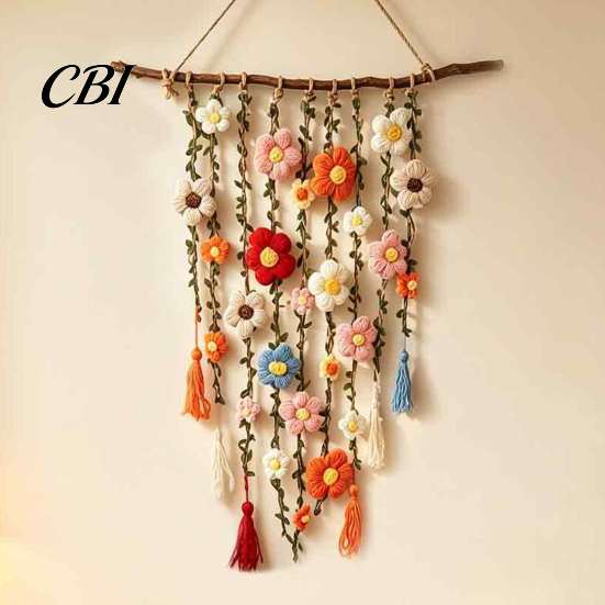Bedroom Wall Decoration Bohemian Crochet Flower Hanging Tapestry, Handmade Tassels Decor Rustic Home with Wooden Stick, Living Room Art Easy To Hang