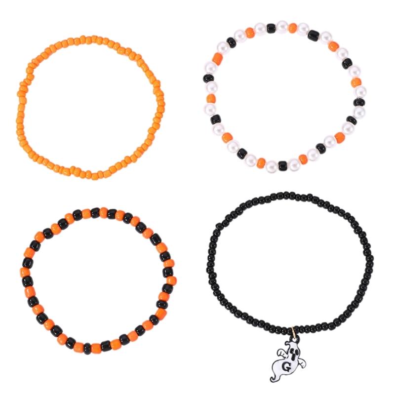 

1Set Halloween Friendship Bracelet Rice Beads Bangle Wristband Horror Bat Skull Alloy Charm Bracelets Handmade Jewelry