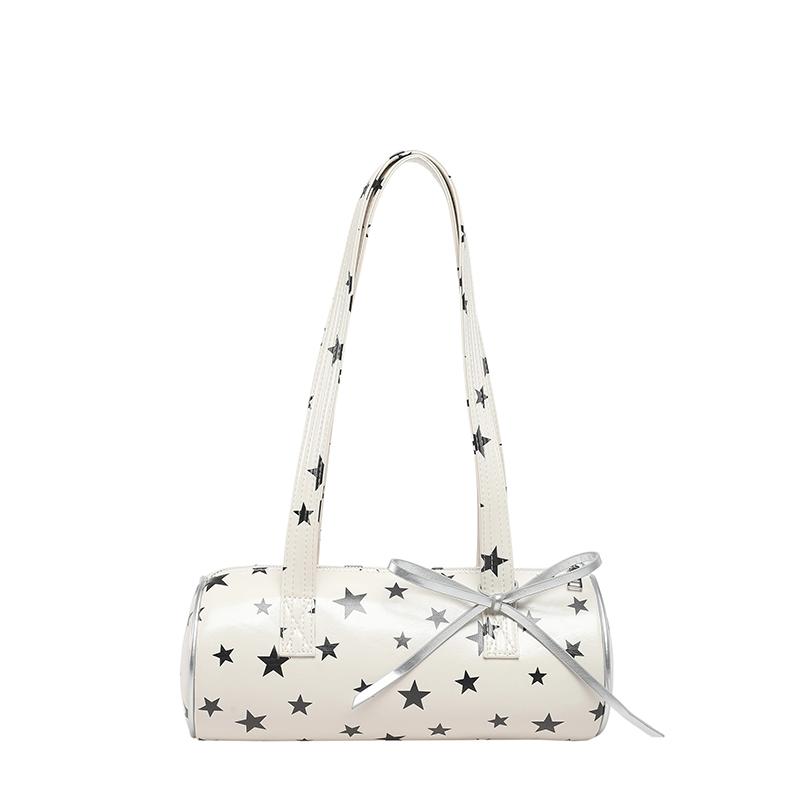 Fashion Star Print Barrel Sweet Youth Shoulder Bags Hot Sale with Bow Retro Mini Hobo Purse Cute Glossy Cylinder Women's Handbag
