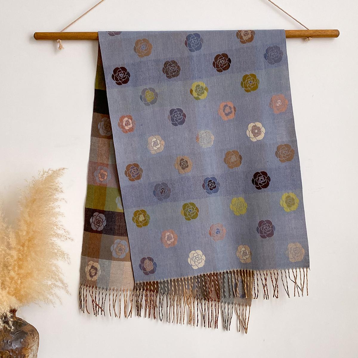 

Women Elegance Double-Sided Rose Print Scarves Soft Warm Pashmina Long Tassel Shawl Autumn And Winter Coldproof Blanket Scraf