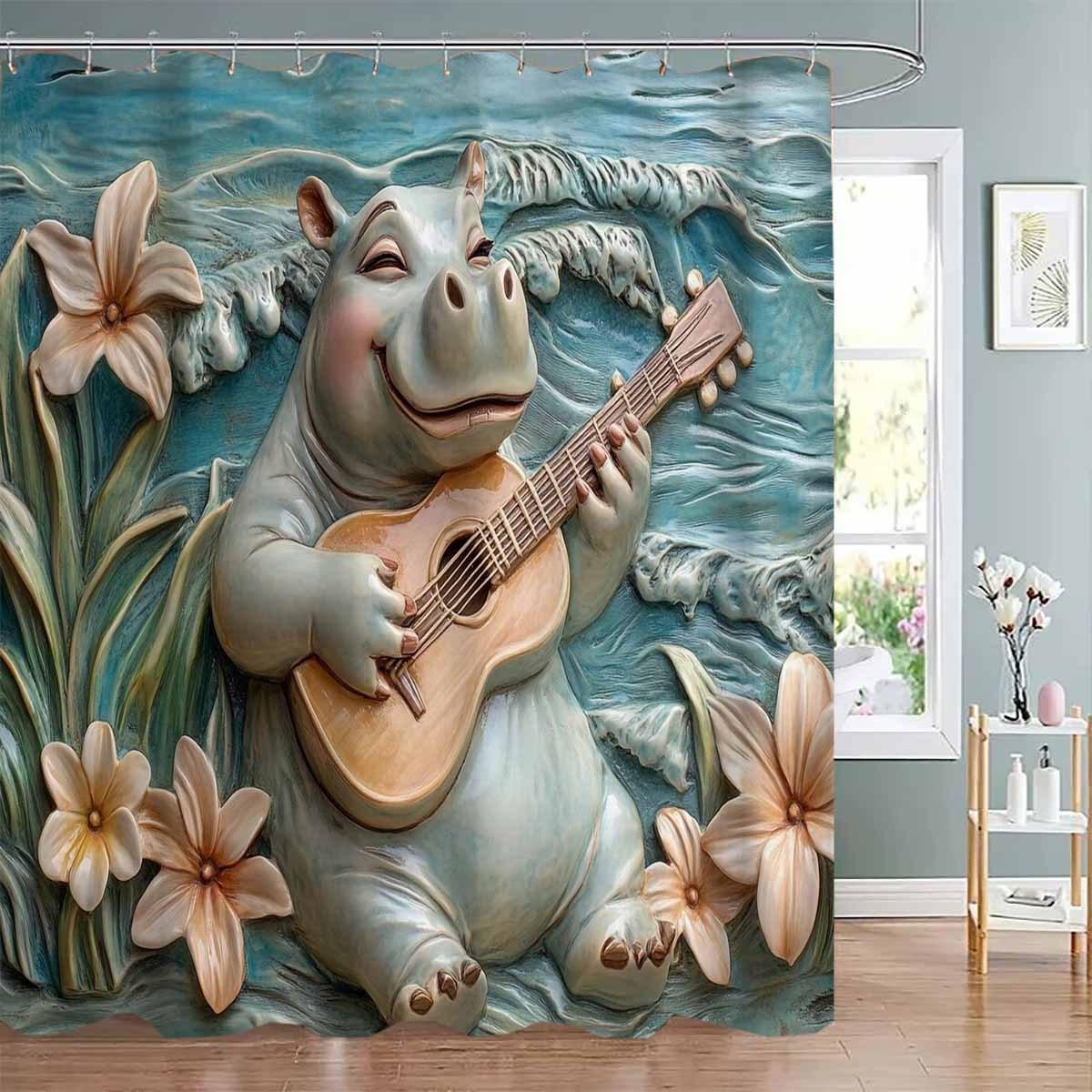 

1Pc 3D Embossed Single Guitar Hippo Shower Curtain-With 12 Hooks, Machine Washable, Suitable For Bathroom Decoration W60H190(CM)-1 Pcs