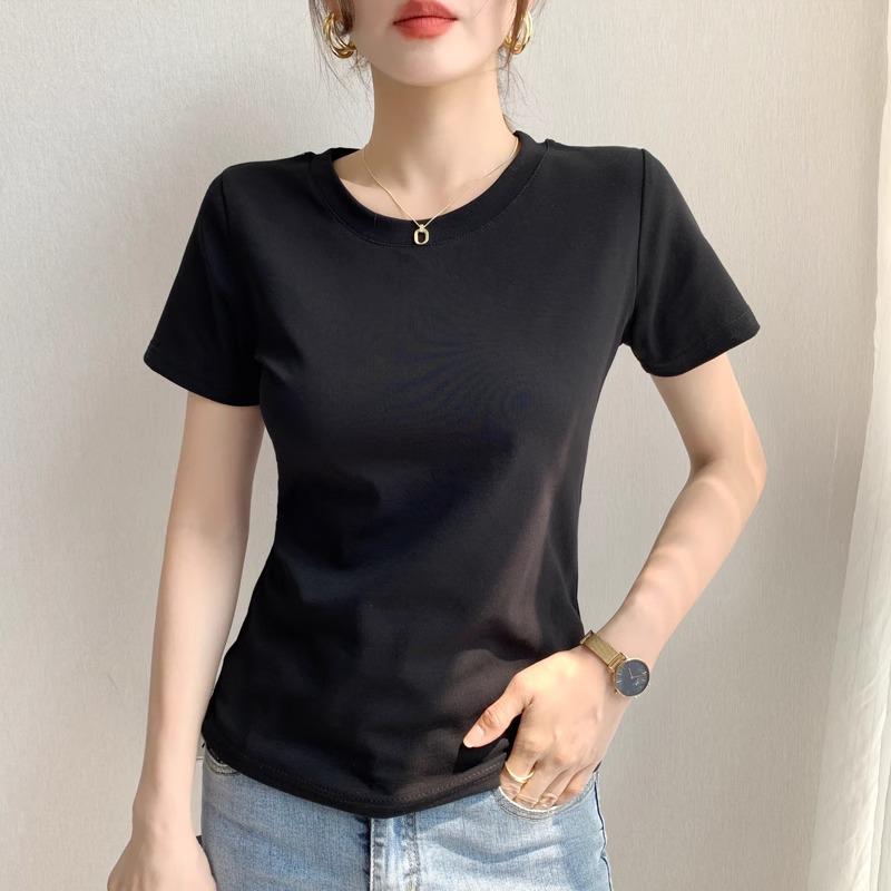 

Women s 2025 Slimming White Cotton T-Shirt - Short Sleeve, Straight Shoulder, Round Neck M чёрный