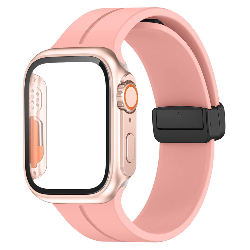 Glass+case+Strap For Apple Watch Band 44mm 45mm 41mm 40mm Magnetic Buckle Silicone Bracelet+cove iWatch Series 8 Se 7 6 5 4