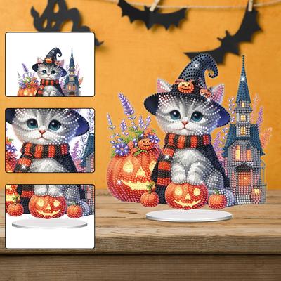 Acryl Halloween Süße Katze Tischplatte Diamantmalerei Ornamente Kits Diamantmalerei Desktop-Dekorationen für Zuhause Büro Dekor