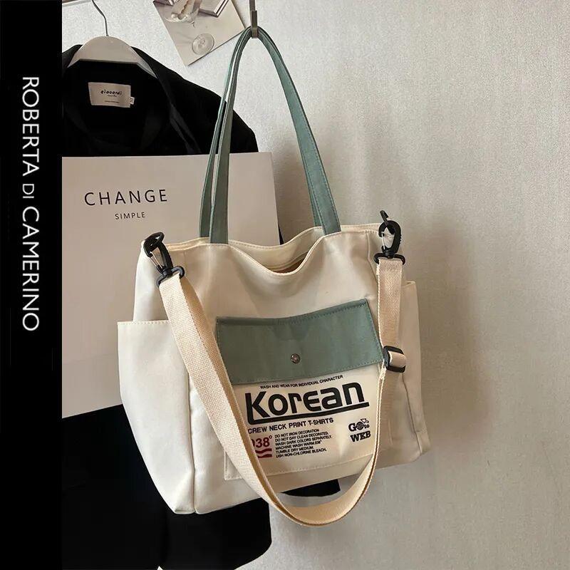 Large Capacity Women Tote Canvas Handbag Schoolbag Female University Portable Shoulder Bag Rectangular Shopping Beach City College Korean Popular