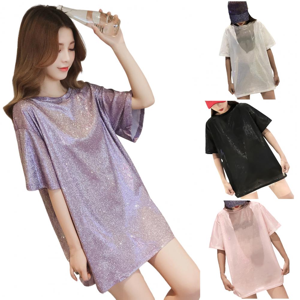 Summer Casual Tops Round Neck Short Sleeve Loose Fit Tee Shirt Glitter Mid-length Pullover Tops Streetwear