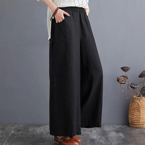 Women Pants Elastic Waistband Adjustable Drawstring Wide Leg Long Pants with Pockets Pure Color Leisure Trousers Summer Travel Work Wear