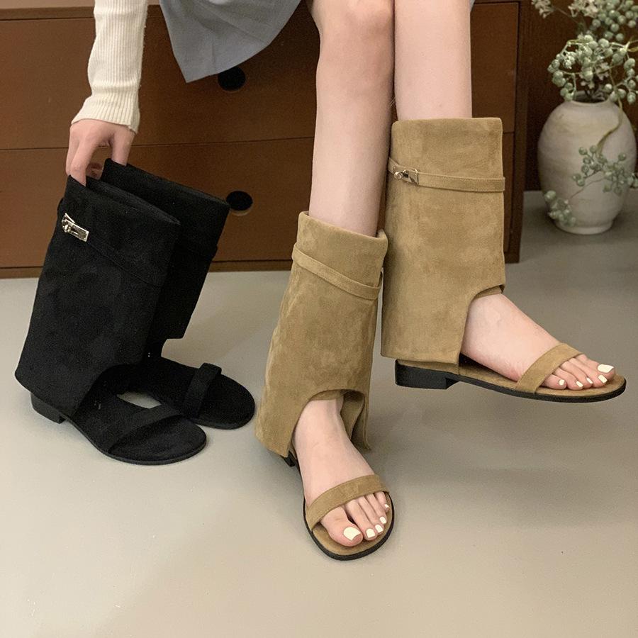 Vintage low-heeled khaki suede open-toed short boots women's 2025 new Spice Girls vacation pant boots sandals cool boots