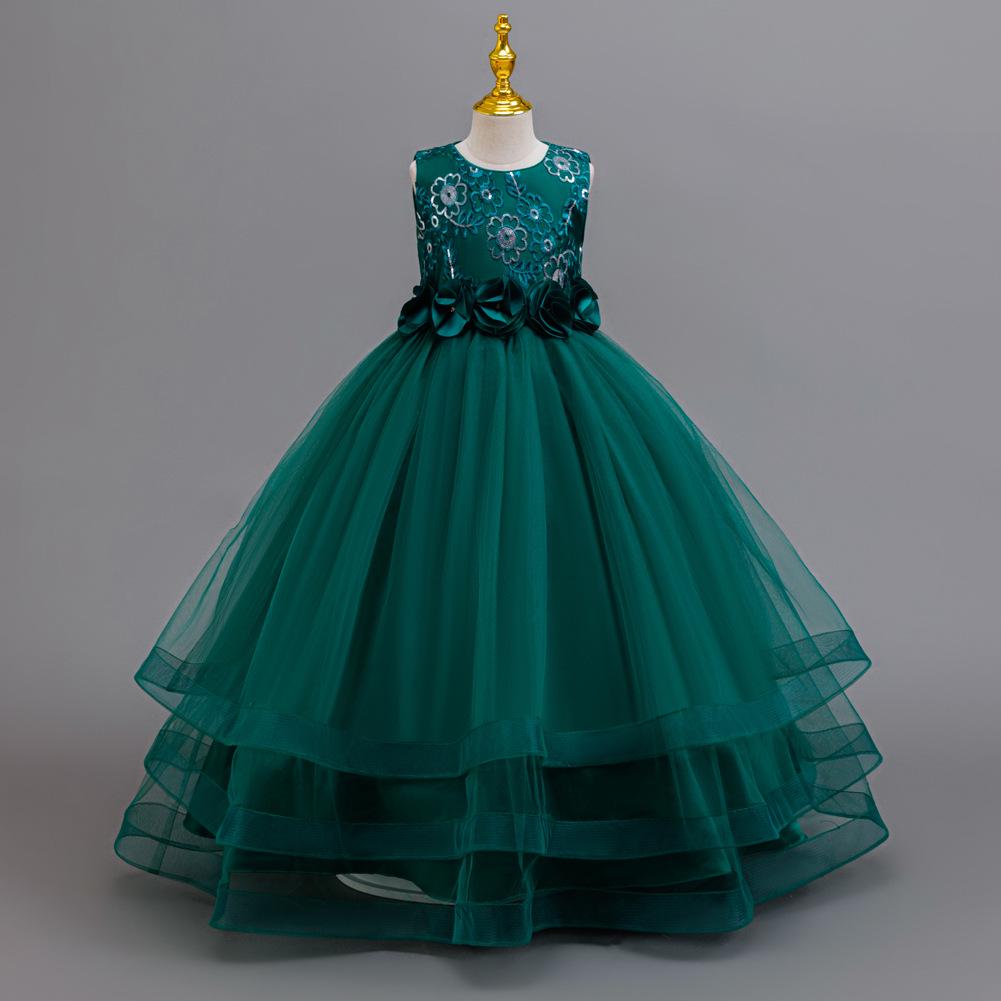 

Girls Sleeveless Sequin Embroidered Princess Dress with Puffy Skirt and 3D Floral Mesh Detail 140 cm зелёный