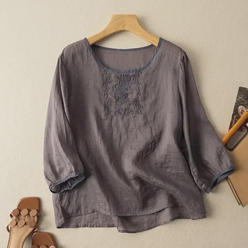 2024 Chinese Style Embroidered Three-Quarter Sleeve Cotton-Linen Pullover