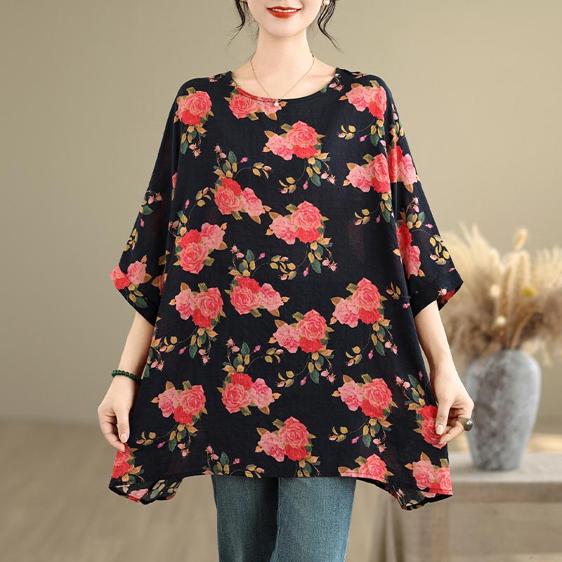 DIMANAF 2025 Letní tričko nadměrné velikosti pro ženy s květinovým potiskem, netopýří rukáv, volné topy, ležérní