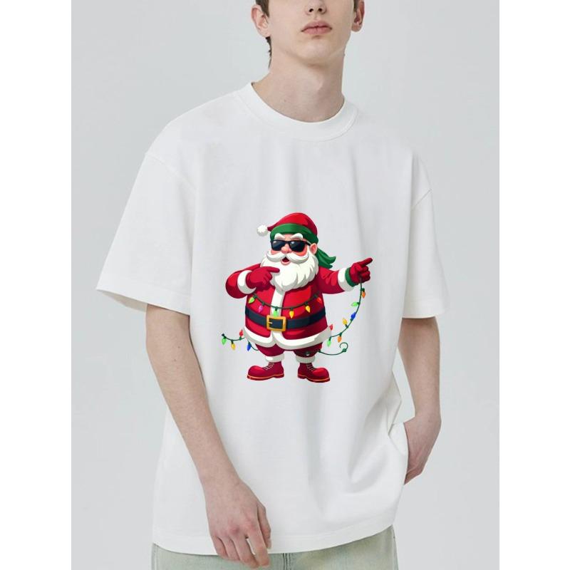 Christmas T Shirt Black Santa Claus with Sunglasses and Lights Print for Holiday Party