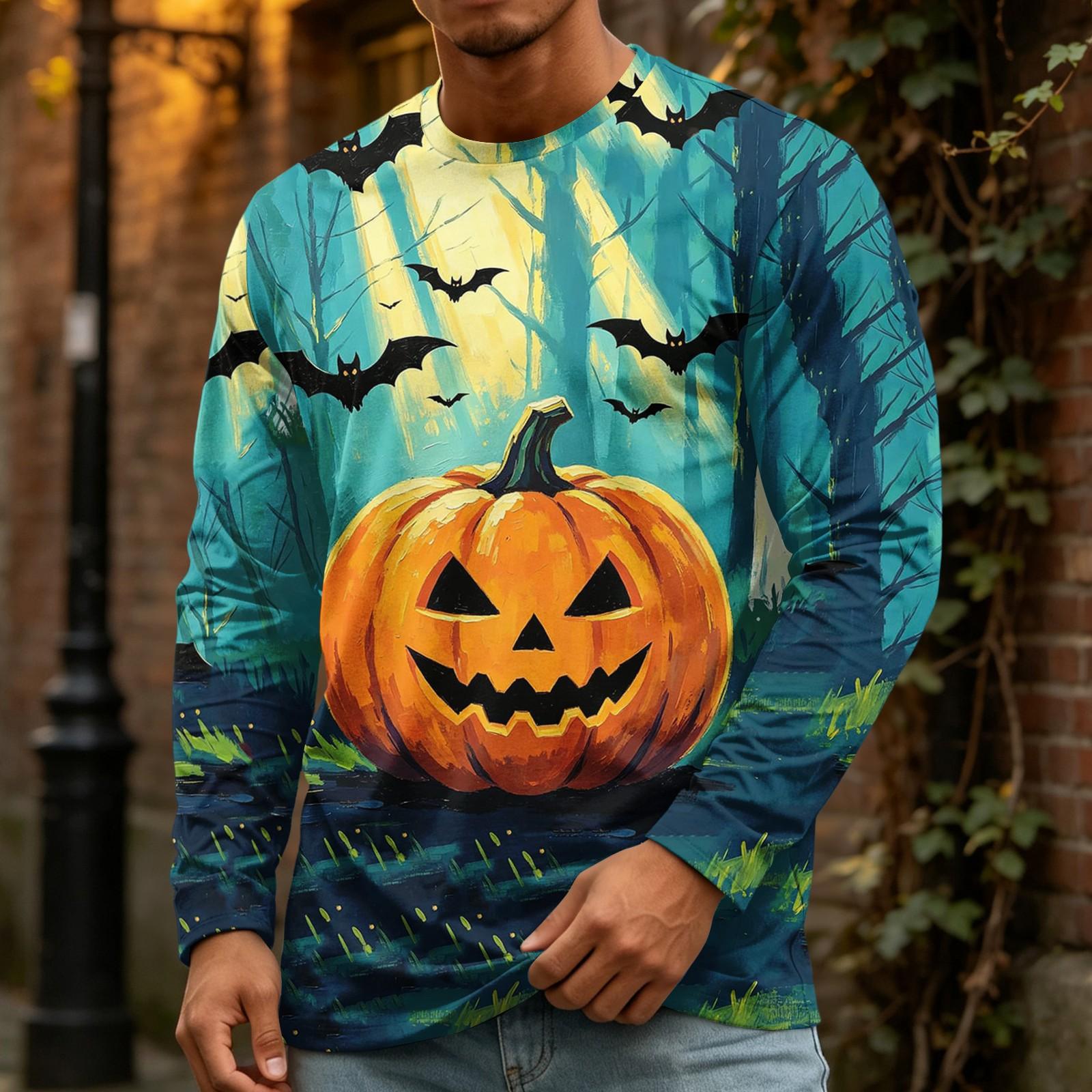 Men s Halloween Printed Crewneck Long Sleeve Top Casual Loose Fit XXL