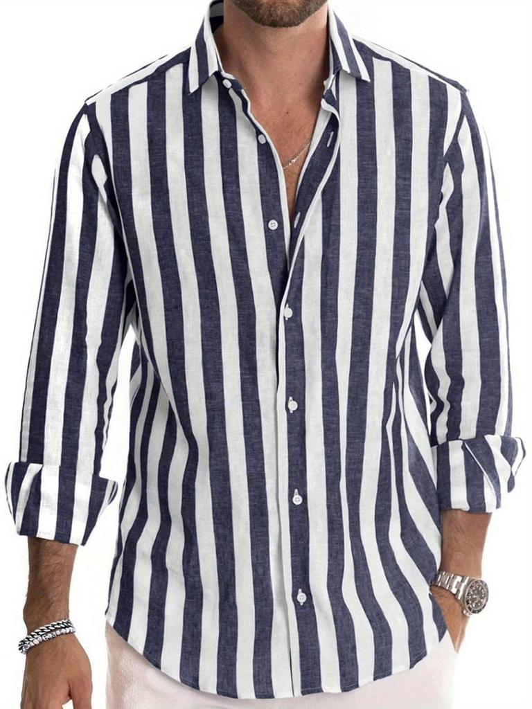 Men's Striped Turn-Down Collar Long Sleeve Shirt for Spring and Autumn 2026.