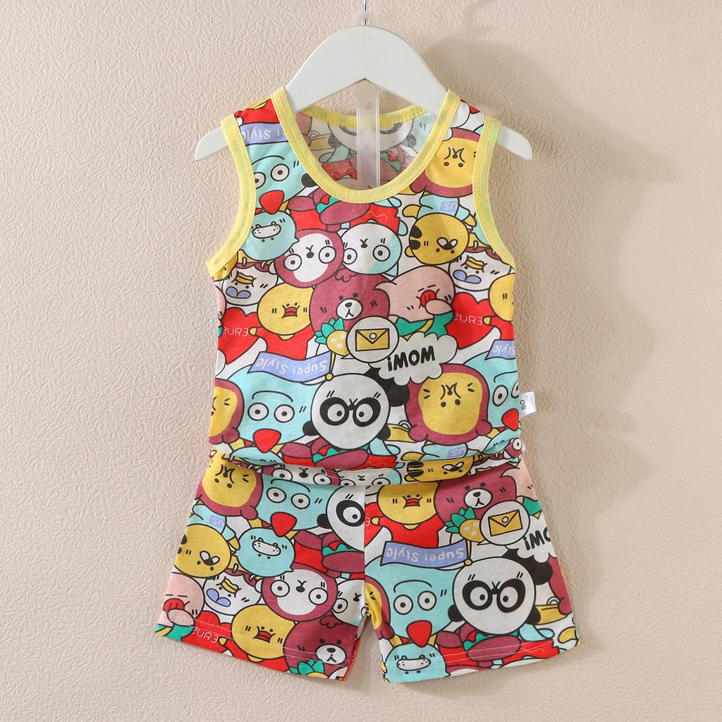 Koreańska wersja zestawu kamizelki dla dzieci Nowy chłopięcy i dziewczęcy dziecięcy kreskówkowy cienki zestaw bez rękawów kamizelki i szortów modny