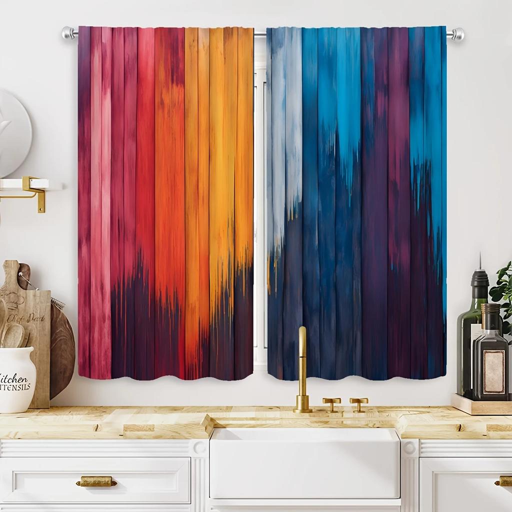 Set Of 2 Artistic Classic Striped Color Block Printed Curtains Bagged Home Decoration Room Curtain Polyester