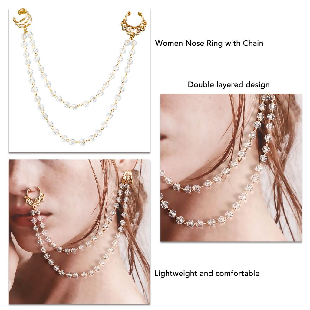 Women Nose with Chain Ethnic Double Layer Lightweight Nose to Ear Chain for Wedding Party Stage