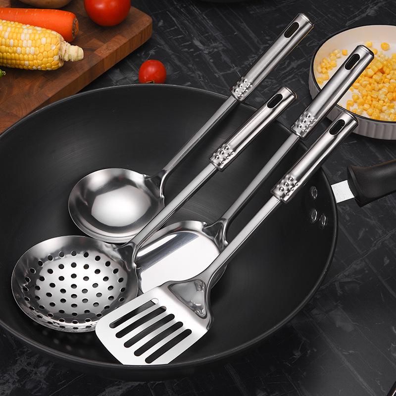 Stainless Steel Cookware: Nine Bead Spatula & Spoon Set - Includes Frying Spatula, Slotted Spoon, Rice Spoon, and Stir-fry Spatula.