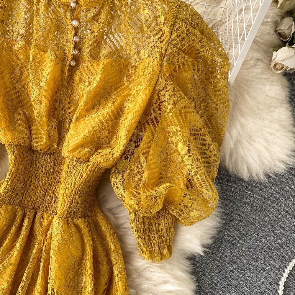 Vintage Frauen Spitzenkleid Frühling Herbst Puffärmel Hohe Taille Party Robe Weiblich Elegant Grün Lila Midi Kleider