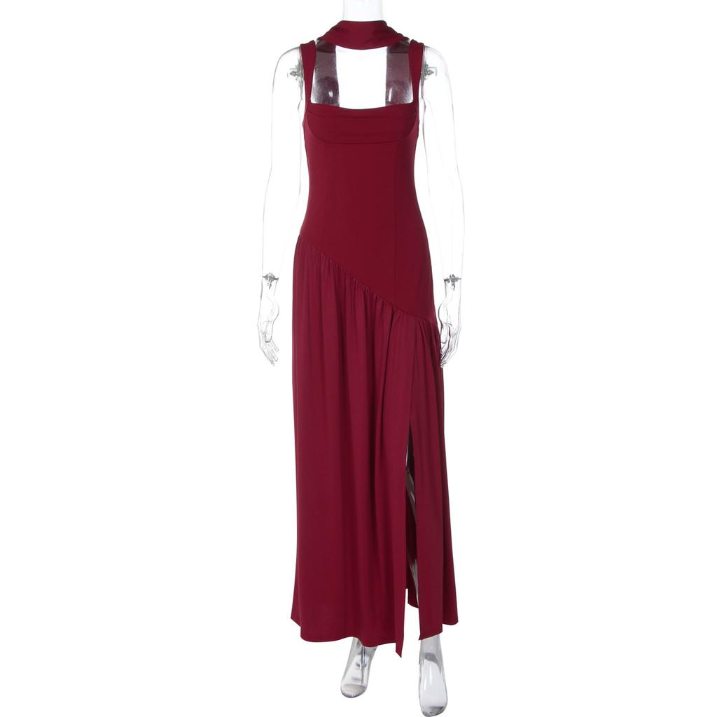 Women Navy Blue Halter Neck Sleeveless Bodycon Maxi Dress with High Slit
