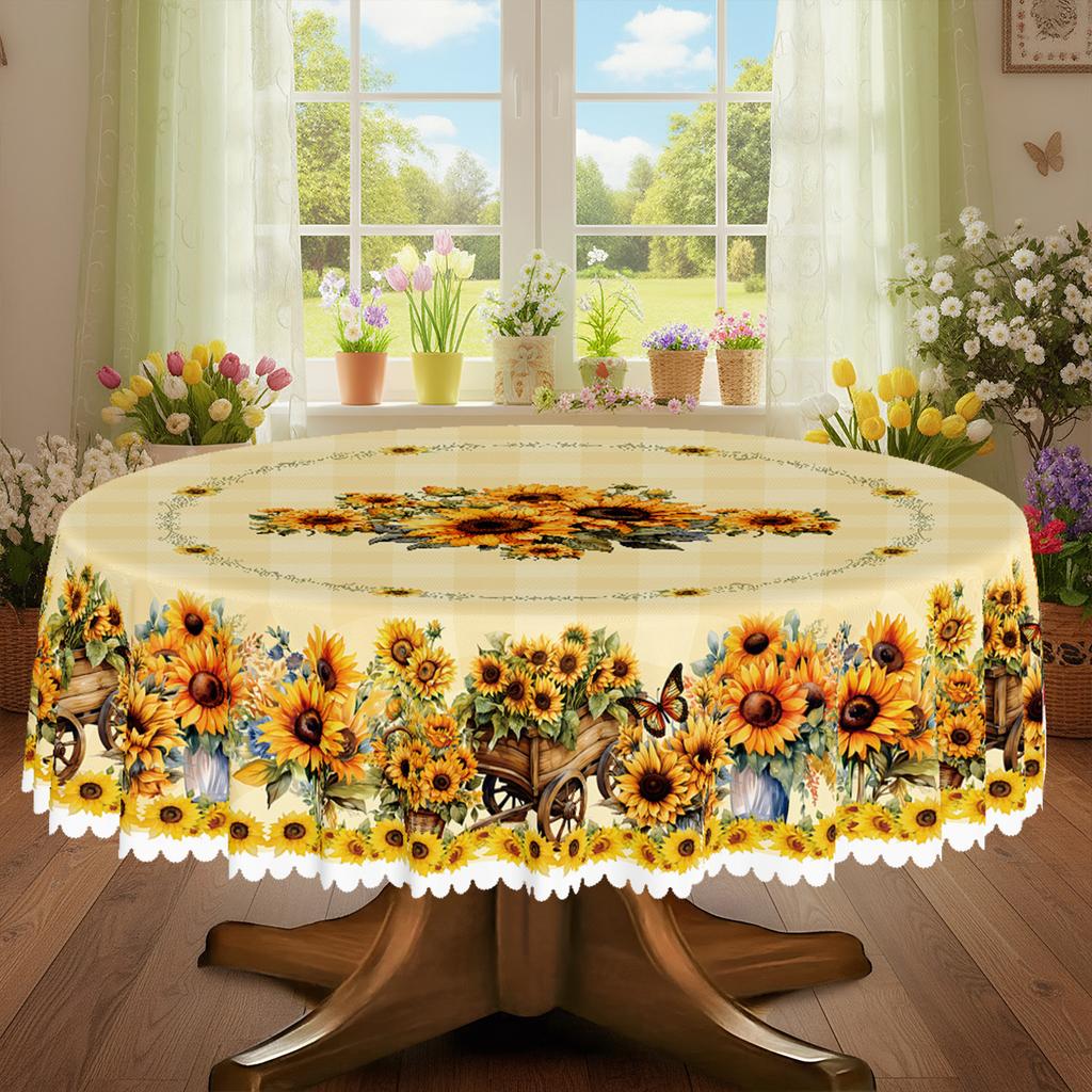 Tablecloth 2D Flat  Spring Summer Yellow Sunflower Print TableclothTerrace Indoor Outdoor Deco